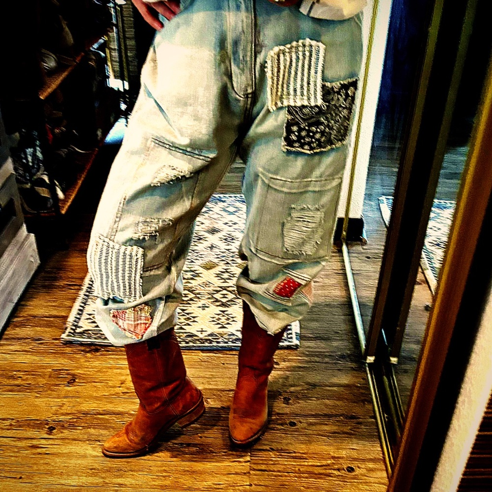 NEW 100% cotton shabby patchy farm worker jeans lagenlook boho patchwork denim
